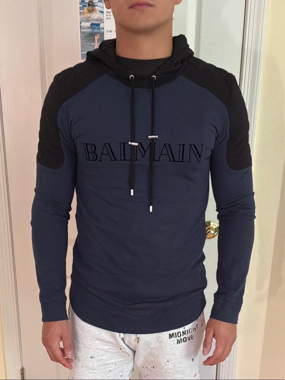 Balmain Navy and Black Hooded Long-Sleeve Slim Shirt